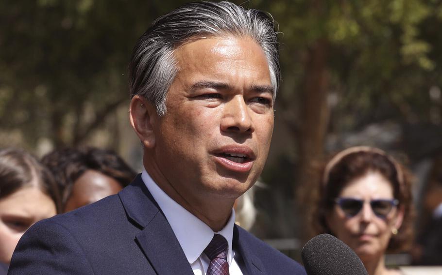 California Attorney General Rob Bonta speaks during a briefing in Santa Monica on July 22, 2022. Bonta announced on Thursday, Aug. 11, the arrest of Don Azul in connection with an alleged years-long scheme to defraud families with relatives who served in the military, as well as the University of California and California State University systems.