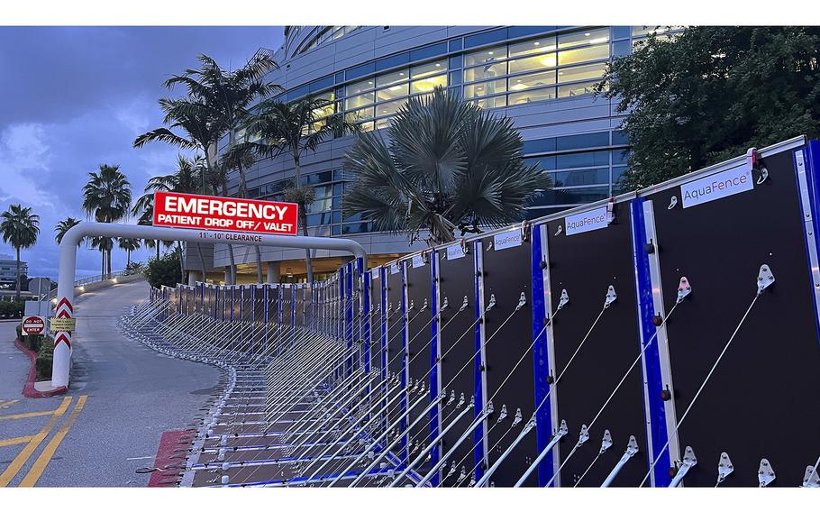 A flood barrier surrounds Tampa General Hospital in preparation for Hurricane Ian’s arrival. The hospital is the region’s only Level 1 trauma center. 
