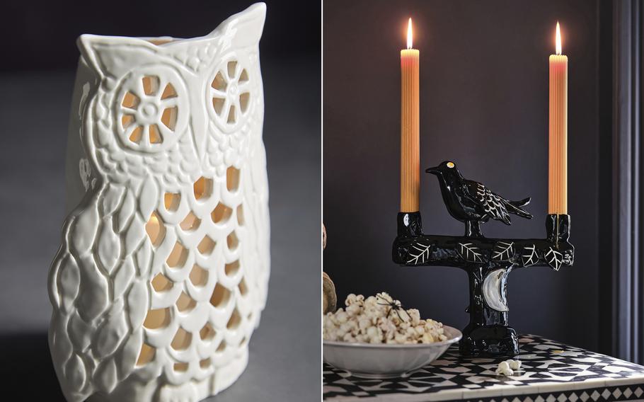 Francesca Kaye’s Halloween Magic Owl Lantern, left, and raven candlestick, which the London ceramicist made for Anthropologie, would make great party decorations.