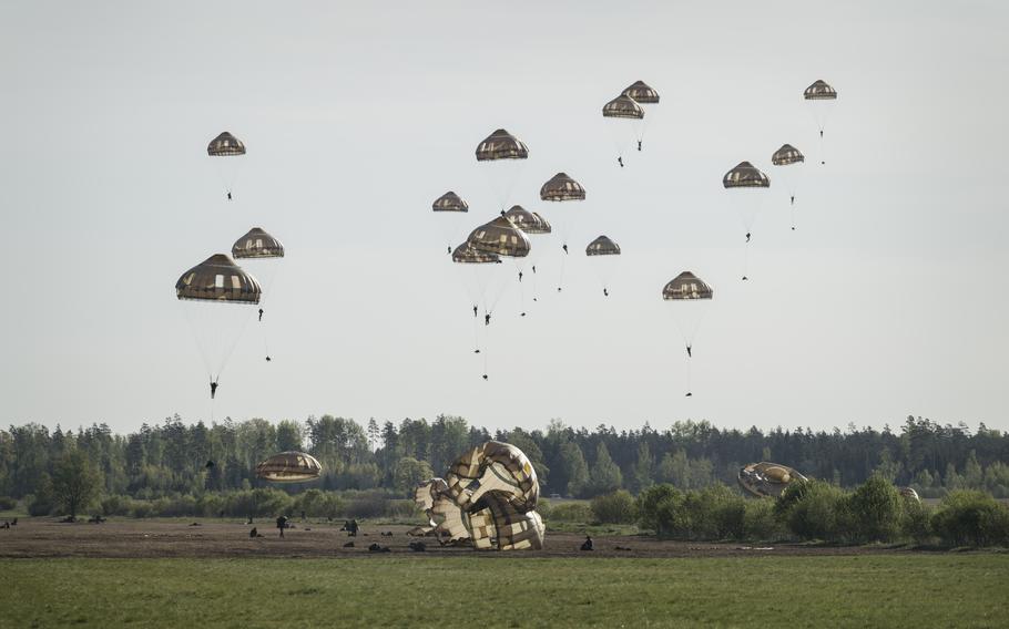 French forces parachute into Viitna, Estonia, as part of training exercises on May 20, 2023. 