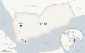 A Middle East map shows Yemen with the capital of Sana’a and the city of Aden marked.