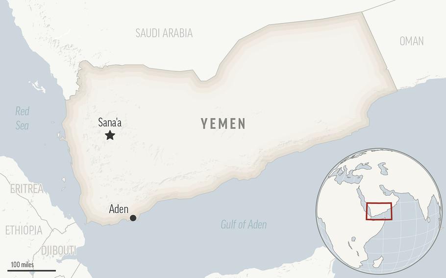 A Middle East map shows Yemen with the capital of Sana’a and the city of Aden marked.