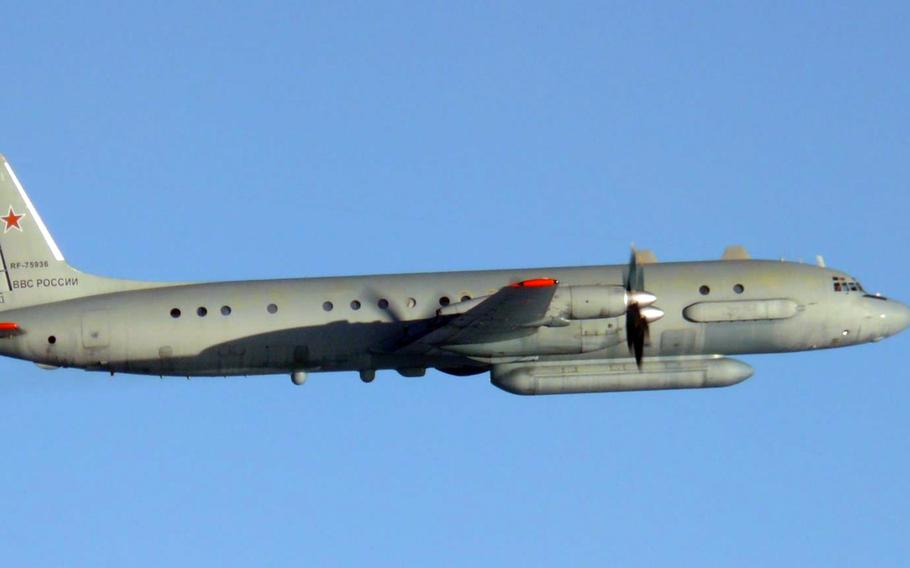 A Russian plane flying in the air.