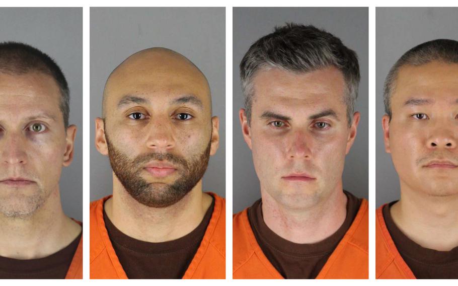 This combination of photos provided by the Hennepin County Sheriff's Office in Minnesota on Wednesday, June 3, 2020, shows from left, former Minneapolis police officers Derek Chauvin, J. Alexander Kueng, Thomas Lane and Tou Thao.