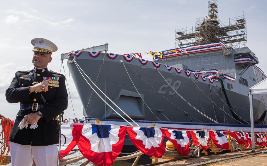 Lt. Gen. David G. Bellon, Commander of Marine Forces Reserve and Marine Forces South, addresses guests at the christening ceremony of the USS Richard M. McCool Jr. during a visit to Pascagoula, Miss., June 11, 2022. The USS McCool will be an important piece in the Marine Corps’ and Navy’s ongoing efforts to increase integration and continue to protect vital maritime and national security interests. 