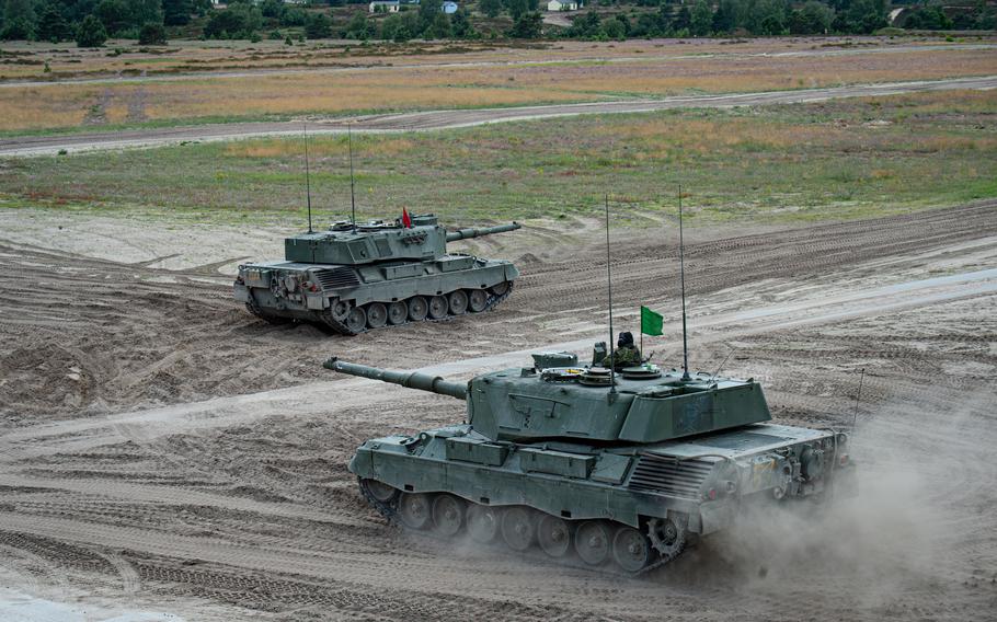 A Leopard 1 A5 tank driven by a Ukrainian crew moves into position for an exercise June 13, 2024, at the Klietz training range in Germany. 