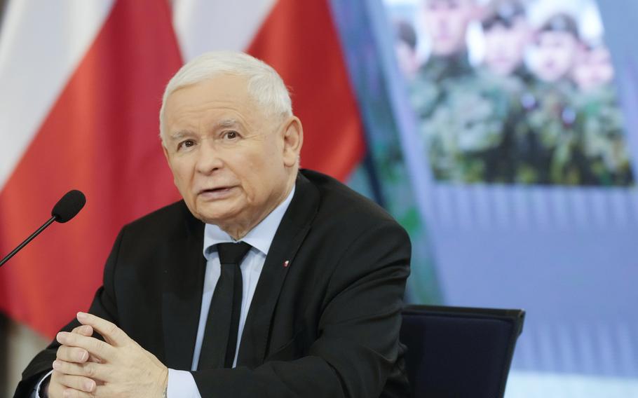 Jaroslaw Kaczynski, the head of Poland’s ruling party Law and Justice, attends a briefing in Warsaw, Poland, on Oct. 26, 2021. According to reports on Friday, Jan. 7, 2022, Kaczynski said Poland has bought advanced spyware from an Israeli surveillance software maker.
