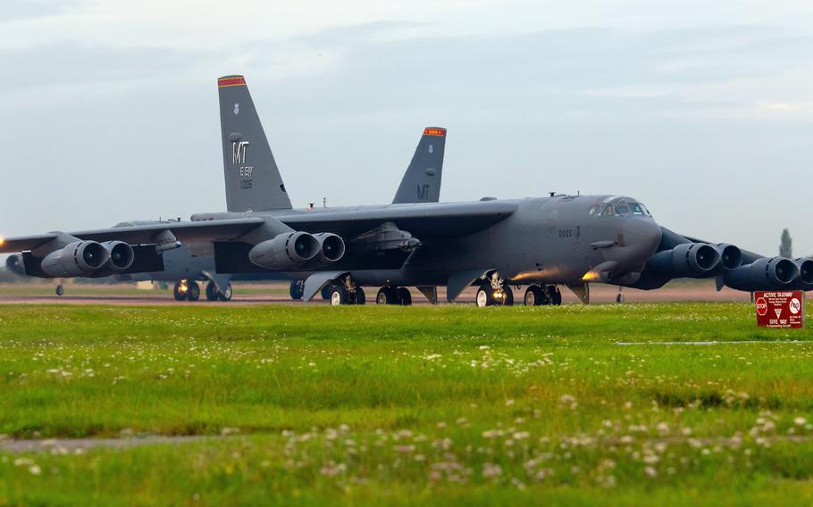 Two B-52H Stratofortresses assigned to the 5th Bomb Wing, Minot Air Force Base N.D., park on the flight line at RAF Fairford, England, in September 2020. Four B-52s from Minot arrived Feb. 10, 2022 at RAF Fairford.
