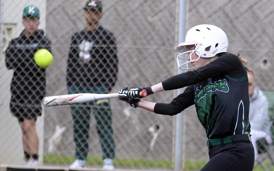 Kubasaki's Cadence Vandentop sends a double down the left-field line against Kadena during Tuesday's DODEA-Okinawa softball game. The Panthers won 4-1 and took a 3-0 season-series lead over the Dragons.