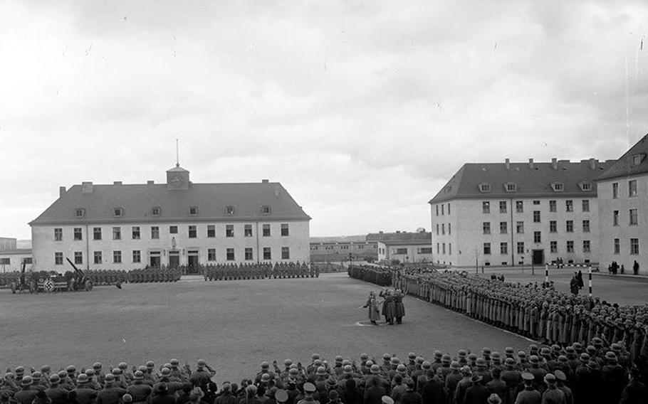 Wehrmacht soldiers stands around Barton Barracks in Ansbach, Germany