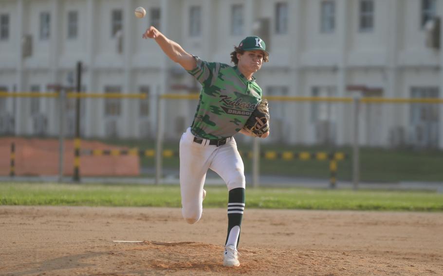 Kubasaki right-hander Brodie Romnek delivers against Kadena during Wednesday's DODEA-Okinawa baseball game. Romnek pitched a complete-game two-hitter and drove in three runs with a bases-loaded triple as the Dragons won 12-2.