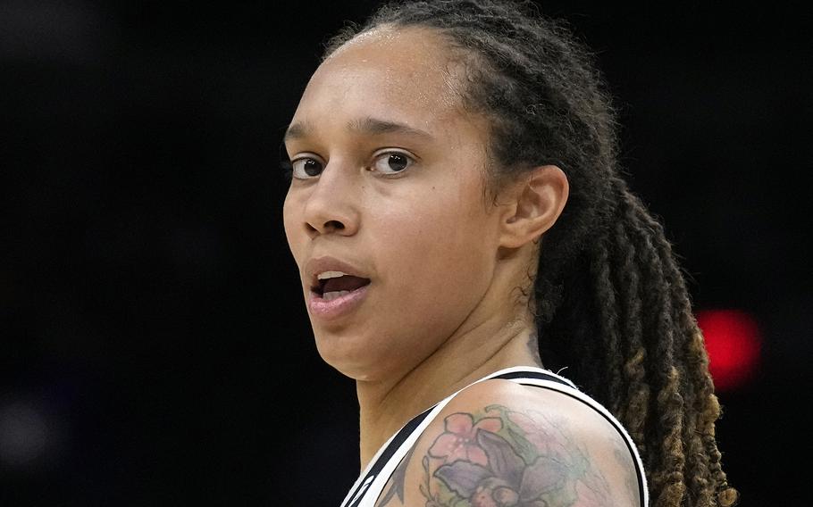 Phoenix Mercury center Brittney Griner during the first half of Game 2 of basketball’s WNBA Finals against the Chicago Sky, Oct. 13, 2021, in Phoenix. Brittney Griner is easily the most prominent American locked up by a foreign country. But the WNBA star’s case is tangled up with that of another prisoner few Americans have ever heard of. Paul Whelan has been held in Russia since his December 2018 arrest on espionage charges he and the U.S. government say are false.