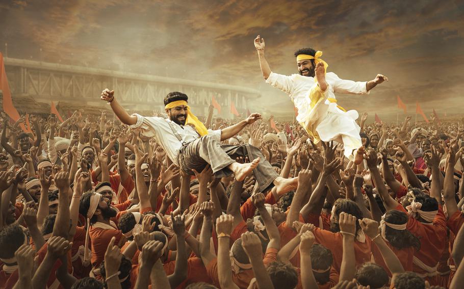 Ram Charan and N.T. Rama Rao Jr. star in “RRR,” a three-hour Telugu-language action epic film that has ranked among the top 10 non-English language films on Netflix for nine straight weeks.