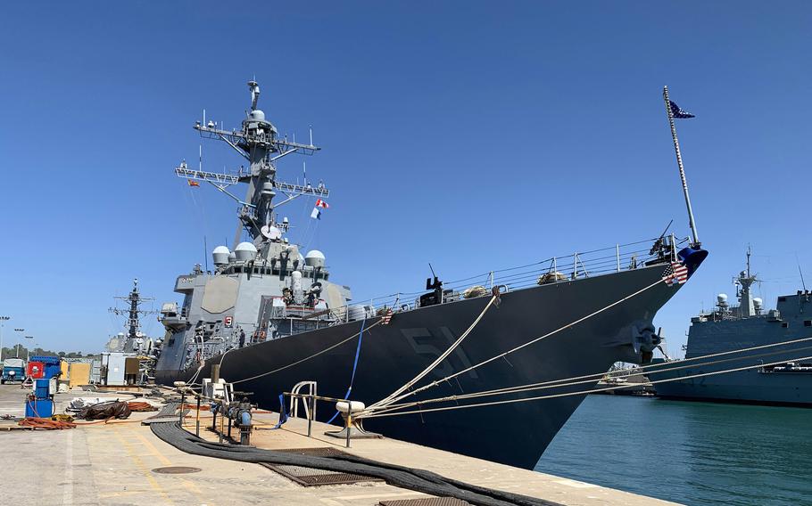 The destroyer USS Arleigh Burke is moored at Naval Staton Rota in Spain on Aug. 18, 2022. Foreign minister Angeles Moreno told the Spanish parliament last week that a bilateral defense agreement with the U.S. must be updated to allow for an expansion at the Navy’s base in Rota. 