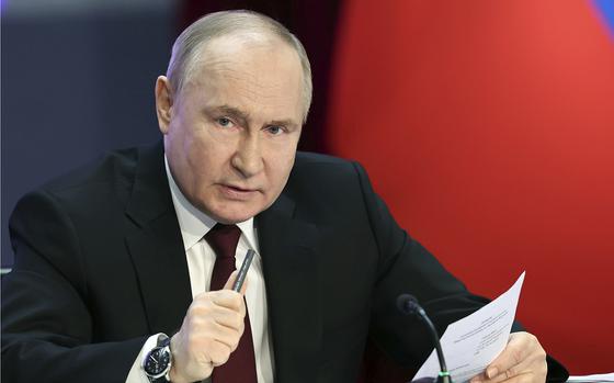 Russian President Vladimir Putin speaks at a meeting in Moscow on April 2, 2024.