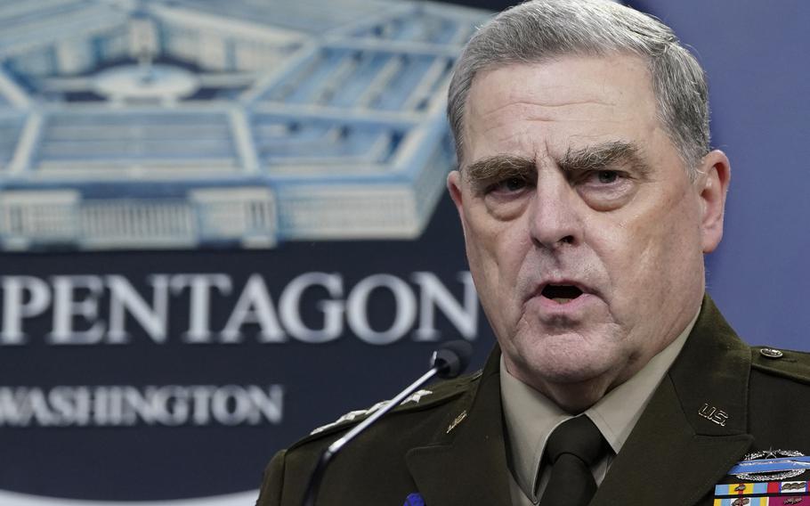 Chairman of the Joint Chiefs of Staff Gen. Mark Milley speaks during a briefing with Secretary of Defense Lloyd Austin at the Pentagon in Washington, on Sept. 1, 2021.