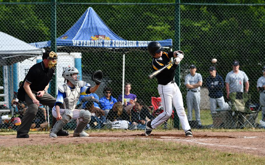 Stuttgart’s Caiden Ray hits his second double against Wiesbaden in the team’s opening game of the tournament at the 2022 DODEA-Europe baseball championships.