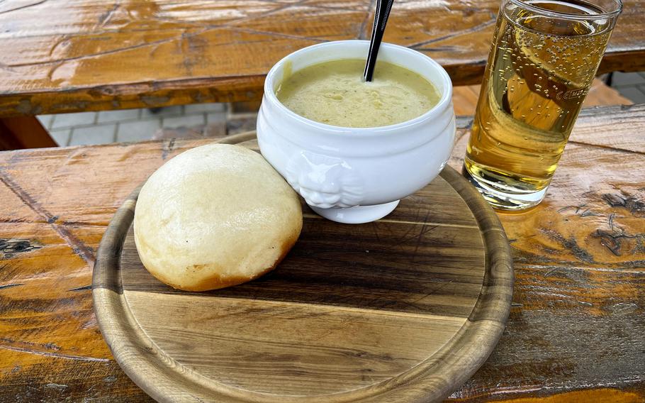 Dampfnudel, a type of German steamed bun, with potato soup.