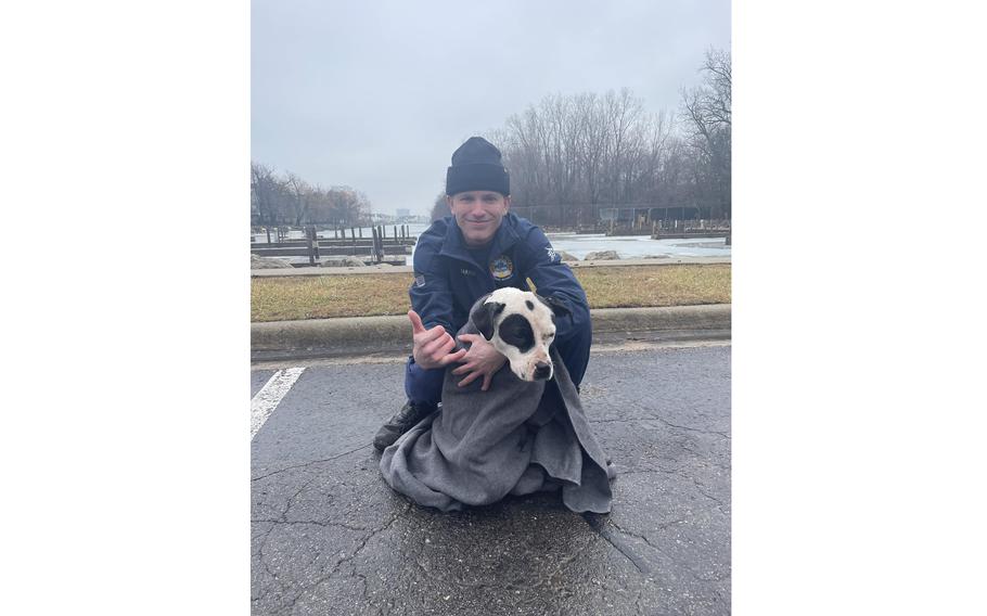 A Coast Guard crew from Station Belle Isle rescues a dog that fell through the ice into the Detroit River.