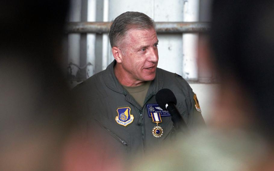 Brig. Gen. David Eaglin, the 18th Wing’s outgoing leader, speaks during his change-of-command ceremony at Kadena Air Base, Okinawa, Thursday, July 6, 2023. 