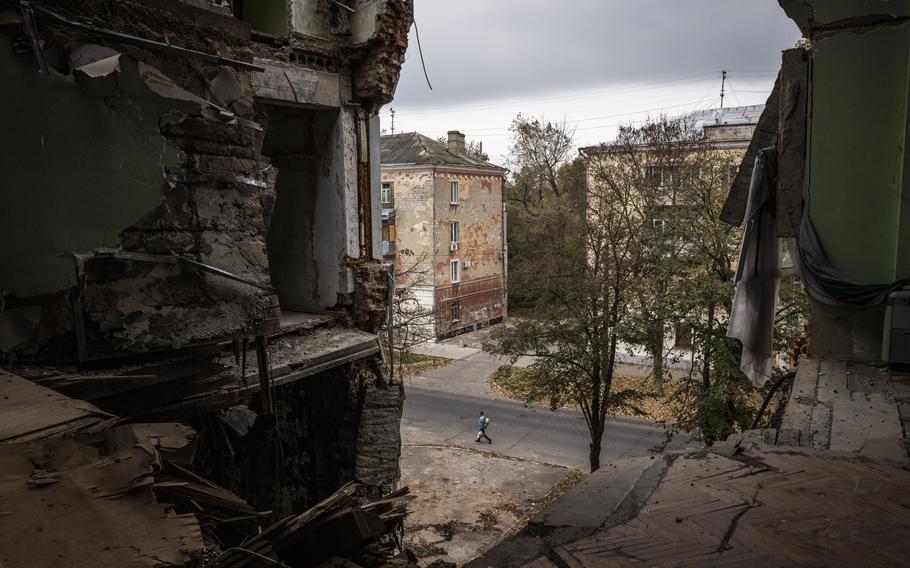 Damage to a regional administration building in Kherson, Ukraine, seen on Nov. 1, 2023.