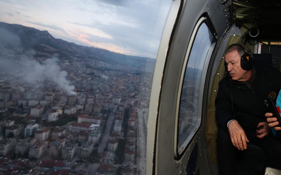 Hulusi Akar, Turkey’s defense minister, flies over Hatay, Turkey, on Feb. 7, 2023. Akar spoke with U.S. Defense Secretary Lloyd Austin and thanked him for cooperation with Incirlik Air Base, where U.S. airmen are stationed.