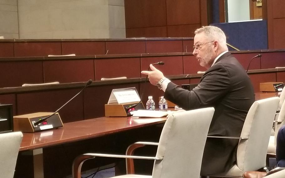 Jim Lorraine, an Air Force veteran and president of America’s Warrior Partnership, testifies Thursday, Sept. 29, 2022, at a House Veterans’ Affairs Committee hearing. Lorraine’s organization is grant recipient of one of the Department of Veteran Affairs’ initiatives designed to combat veteran suicide.