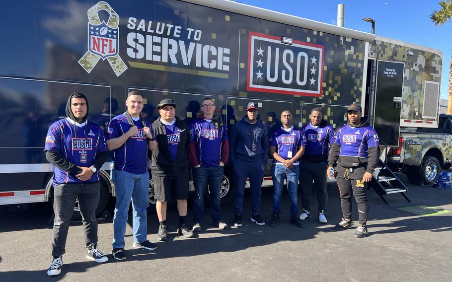 Finalists from the second annual United Service Organizations Madden NFL tournament, from left, Ali Zaidi, Kolton Lehman, Andrew Rosas, Dylan Walker, Jawan Ferrell, Leo Jones, CJ Murray and Kenyatte Harris. Lehman will return for this year’s finals, which will be held Sunday in Dallas before the New York Giants vs. Dallas Cowboys Salute to Service game.