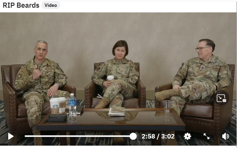 From left, Chief Master Sgt. Ramon Colon-Lopez, senior enlisted adviser to the Chairman of the Joint Chiefs of Staff; Chief Master Sgt. of the Air Force JoAnne Bass; and Chief Master Sgt. of the Space Force Roger Towberman speak March 8, 2023, during the Air and Space Forces Association Warfare Symposium in Aurora, Colo. Asked about the possibility of allowing airmen to wear beards, Colon-Lopez expressed opposition, calling them a fad.