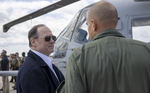 Secretary of the Navy John Phelan, left, speaks with U.S. Marine Corps Lt. Col. Matthew Bagley, the commanding officer of Marine Heavy Helicopter Squadron 461, during a control tower tour at Marine Corps Air Station (MCAS) New River, North Carolina, April 10, 2025. Mr. Phelan surveyed MCAS New River as part of a visit with II Marine Expeditionary Force and its tenant commanders where they discussed crisis response capabilities, reinforcing the Department of the Navy’s commitment to maintaining a ready force capable of rapid forward deployment. (U.S. Marine Corps photo by Sgt. Jacquilyn Davis)