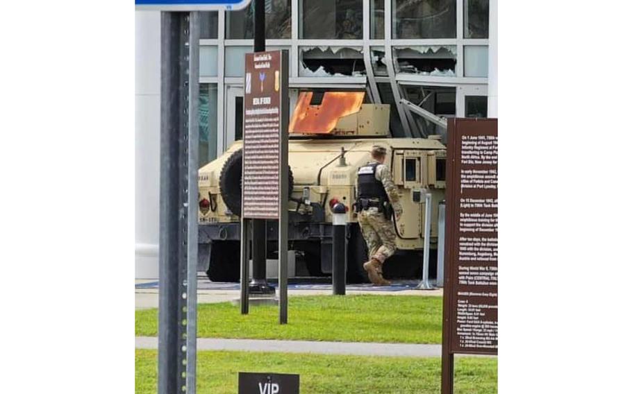 Retired soldier Treamon Lacy, 39, is accused of crashing a Humvee on Monday, July 10, 2023, into the front entrance of the 3rd Infantry Division’s headquarters building at Fort Stewart, Ga. 