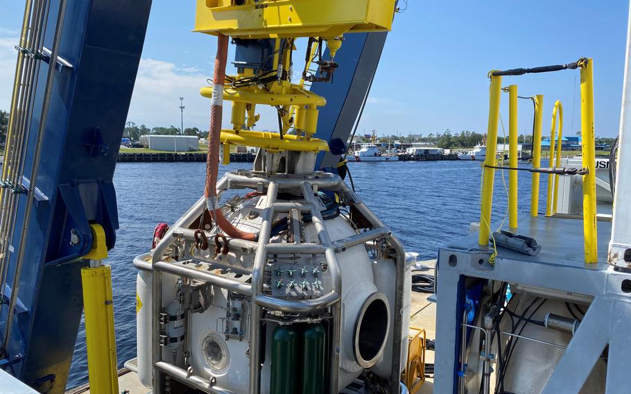 The Navy’s diving bell used in the search this month for the remains of the crew aboard Heaven Can Wait. The bell is pictured at the Navy Experimental Diving Unit in Panama City, Fla., last September. 