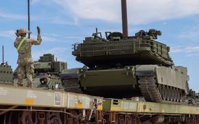 FORT CAVAZOS, TEXAS - One of the first U.S. Army tanks bound for Washington, D.C. and the Army's 250th Birthday Parade is loaded onto a rail car at Fort Cavazos May 21. Each tank weighs around 140,000 pounds. (U.S. Army photo by Sgt. Jose Escamilla).