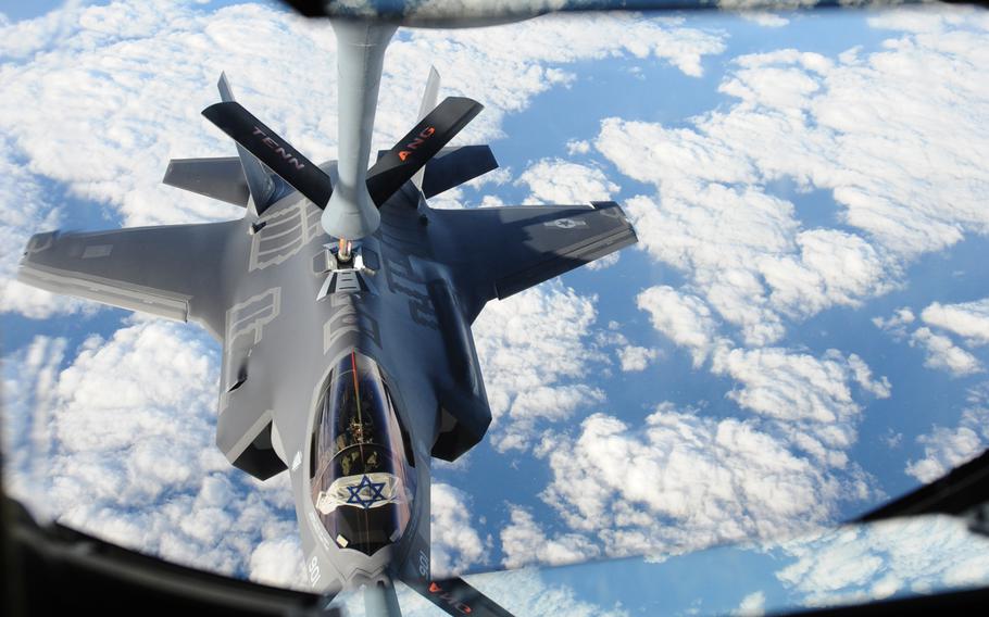 An Israeli F-35 “Adir” receives fuel from a Tennessee Air National Guard KC-135 as the aircraft make the flight across the Atlantic in 2016. 