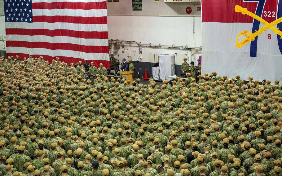 Secretary of the Navy Carlos Del Toro speaks to sailors aboard the aircraft carrier USS Ronald Reagan at Yokosuka Naval Base, Japan, Tuesday, Oct. 26, 2021.