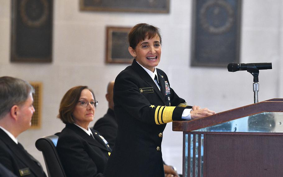 Naval Academy Superintendent Vice Admiral Yvette Davids speaks during a change of command ceremony in which Davids took over command from Rear Adm. Fred Kacher.