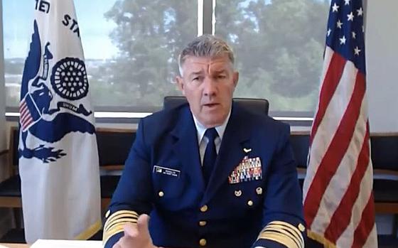 A video screen grab shows Coast Guard Adm. Karl Schultz testifying in a video conference on Wednesday, June 23, 2021.