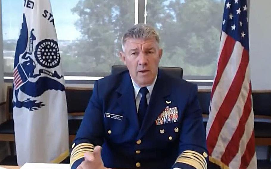 A video screen grab shows Coast Guard Adm. Karl Schultz testifying in a video conference on Wednesday, June 23, 2021.