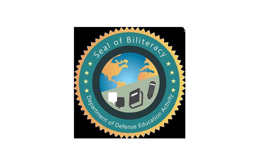A seal with half of a globe, speech bubbles, a book and a pencil on it reads “Seal of Biliteracy Department of Defense Education Activity.”