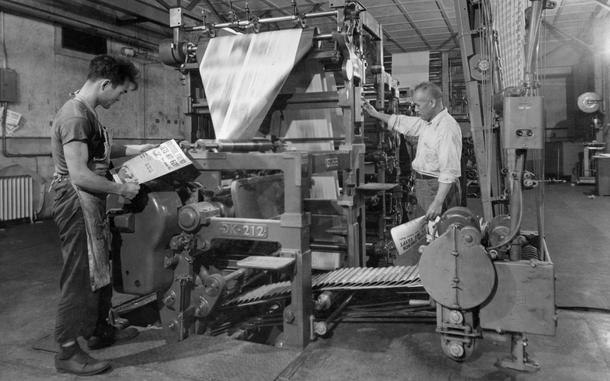 Hed: Checking the paper, 1956

Tokyo, Japan,Nov. 1, 1956:  Yukichi Ono (right), pressman, adjusts the printing machine setting while Kensuke Oizumi (left), pressman checks a Stars and Stripes Pacific edition newspaper coming from the printing machine at Hardy Barracks. 

One of the archival holdings at the Stars and Stripes Pacific Archives is a photo album from the 1950s which holds many images of the paper's staff and operations, including this one. Through careful digitization of these prints, Stars and Stripes archive staff ensures our history and the history of the U.S. military operations in the Pacific is preserved.

Stars and Stripes still prints at the Hardy Barracks today. 

Check out Stars and Stripes Pacific's special 80th anniversary section here.
https://80.stripes.com/80th-home

META TAGS: SSP 80th anniversary; Stars and Stripes history; Stars and Stripes personnel; newspaper; printer; print shop; print press