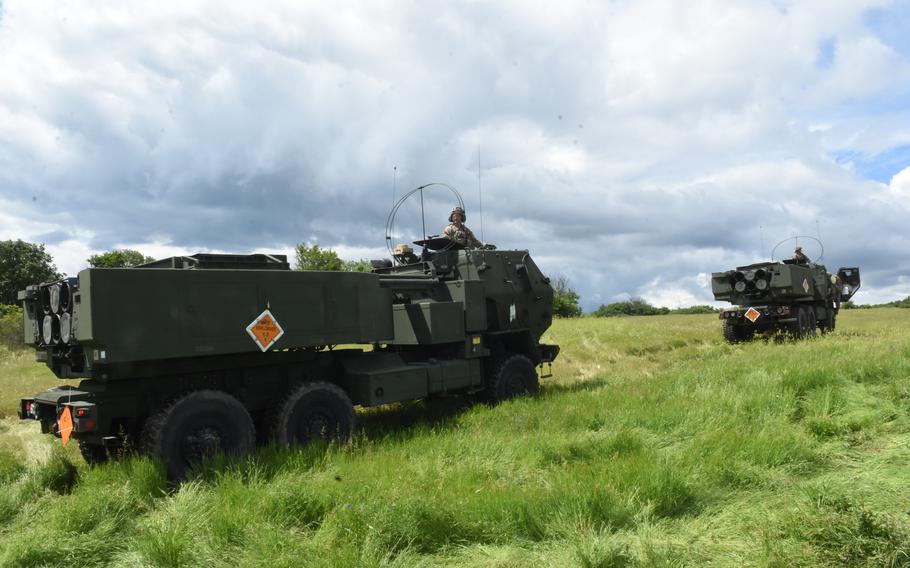 U.S. soldiers assigned to Alpha Battery, 1st Battalion, 77th Field Artillery Regiment, 41st Field Artillery Brigade, prepare to fire rockets at Novo Selo, Bulgaria, June 1, 2021.