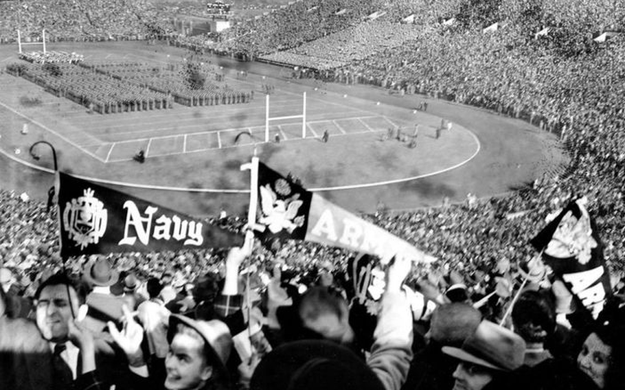 In this photo dated Nov. 29, 1941, nearly 100,000 spectators turned out for the annual Army-Navy college football rivalry game at the Municipal Stadium in Philadelphia.⁣
