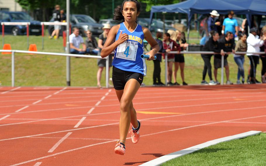 Diba Bhuiyan anchors Wiesbaden’s winning 3,200-meter relay team at the DODEA-Europe track and field championships in Kaiserslautern, Germany. Bhuiyan and her teammates Kendall Kaloostian, Madeleine Strabala and Bryce Watts won in 10 minutes, 43.66 seconds.