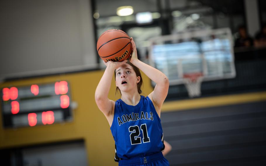 Rota's Allie DeMeritt takes aim during a free throw at the DODEA European Division II basketball championships Feb. 15, 2023, at Ramstein Air Base, Germany. DeMeritt's Admirals took a sharp loss against American Overseas School of Rome during the first round of the competition.