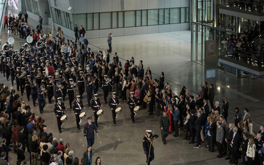 NATO celebrated its 75th anniversary with a ceremony at its headquarters building in Brussels, April 4, 2024, during the second day of a two-day foreign ministers' meeting.