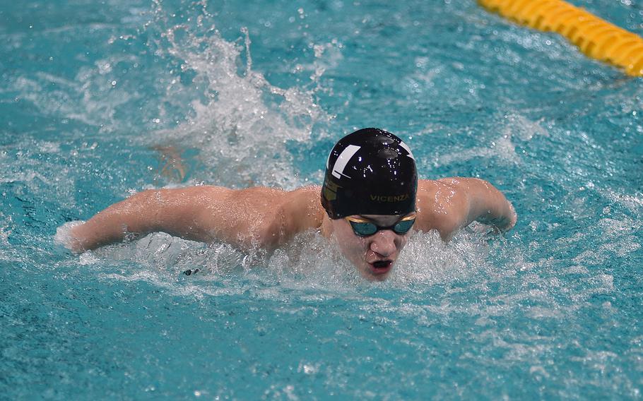 Vicenza Mako Shark Kingston Baxter swims in the 14-year-old boys 100-meter buterfly during the European Forces Swim League Short-Distance Championships on Feb. 10, 2024,  at the Pieter van den Hoogenband Zwemstadion at the Nationaal Zwemcentrum de Tongelreep in Eindhoven, Netherlands.