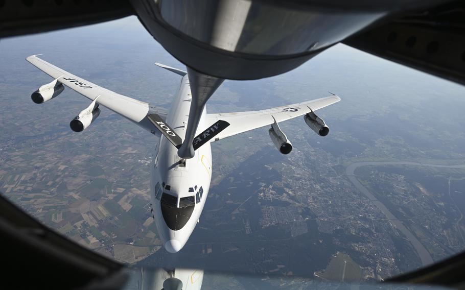 A U.S. Air Force E-8C receives fuel over Poland on Sept. 29, 2021. An E-8C from Germany’s Ramstein Air Base did a surveillance flight Monday in the eastern part of Ukraine.