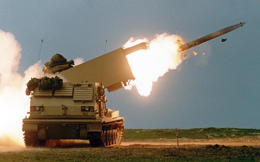 An Army Multiple Launch Rocket System guided round is fired at Grafenwoehr, Germany, in October 2019.