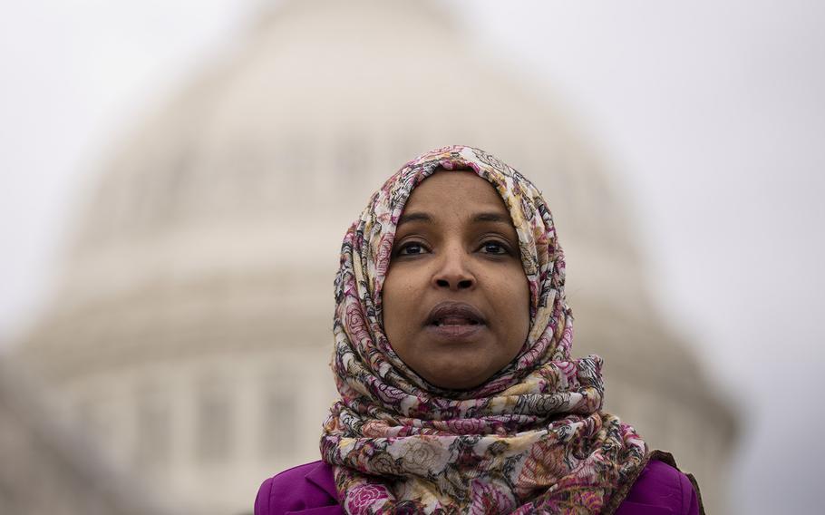 Rep. Ilhan Omar, D-Minn., speaks outside the U.S. Capitol on Jan. 26, 2023, in Washington, D.C. She was removed from the House Foreign Affairs Committee on Thursday, Feb. 2.
