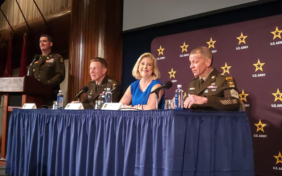 From left, Army Chief of Staff Gen. James McConville, Army Secretary Christine Wormuth and Sergeant Major of the Army Michael Grinston speak to reporters Wednesday, March 8, 2023, at a launch event at the National Press Club in Washington for the service’s marketing rebranding and the slogan, “Be All You Can Be.”
